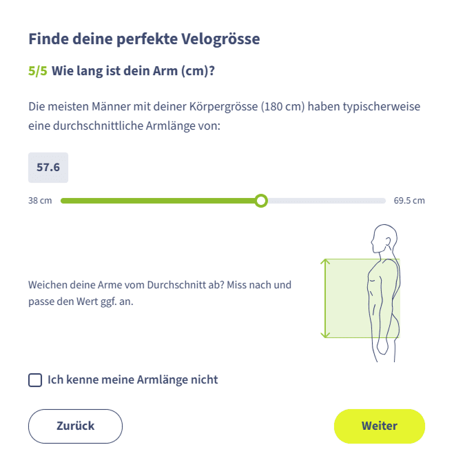 Grössenrechner Schritt 5: Armlänge anpassen