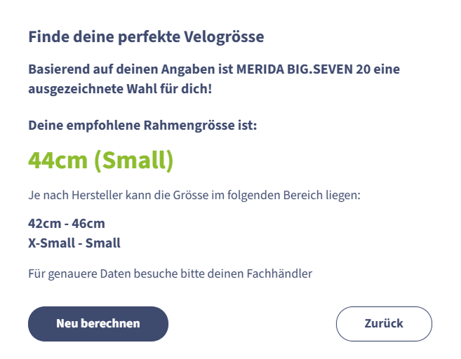 Grössenrechner Ergebnis: empfohlene Rahmengrösse